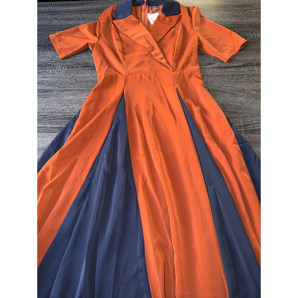SHEIN Midi Dress Colorblock Mod Retro Vintage Burnt Orange Navy Blue Size 4 NWT - Picture 4 of 7